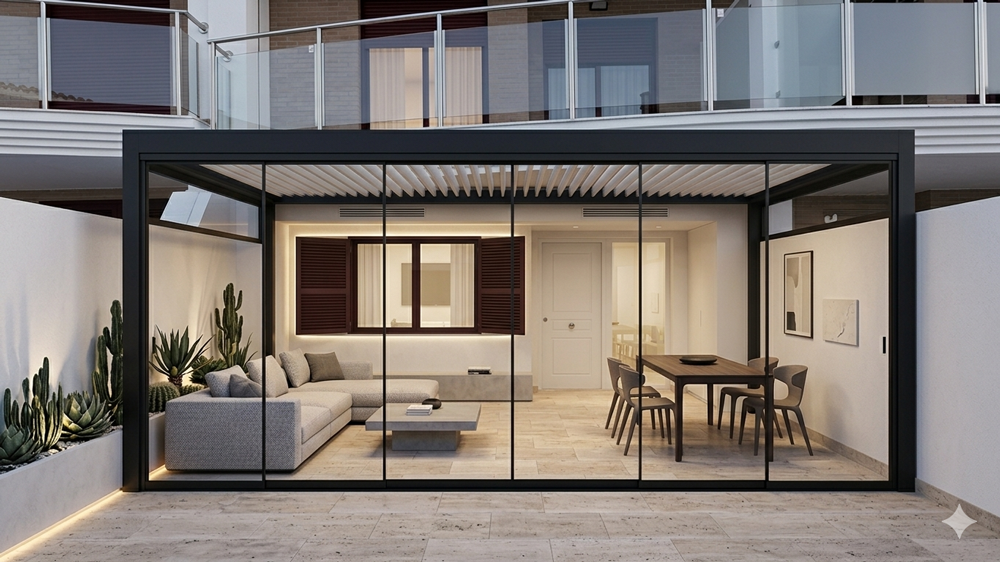 Terraza cerrada con pérgola y cristaleras, lista para todo el año (después)